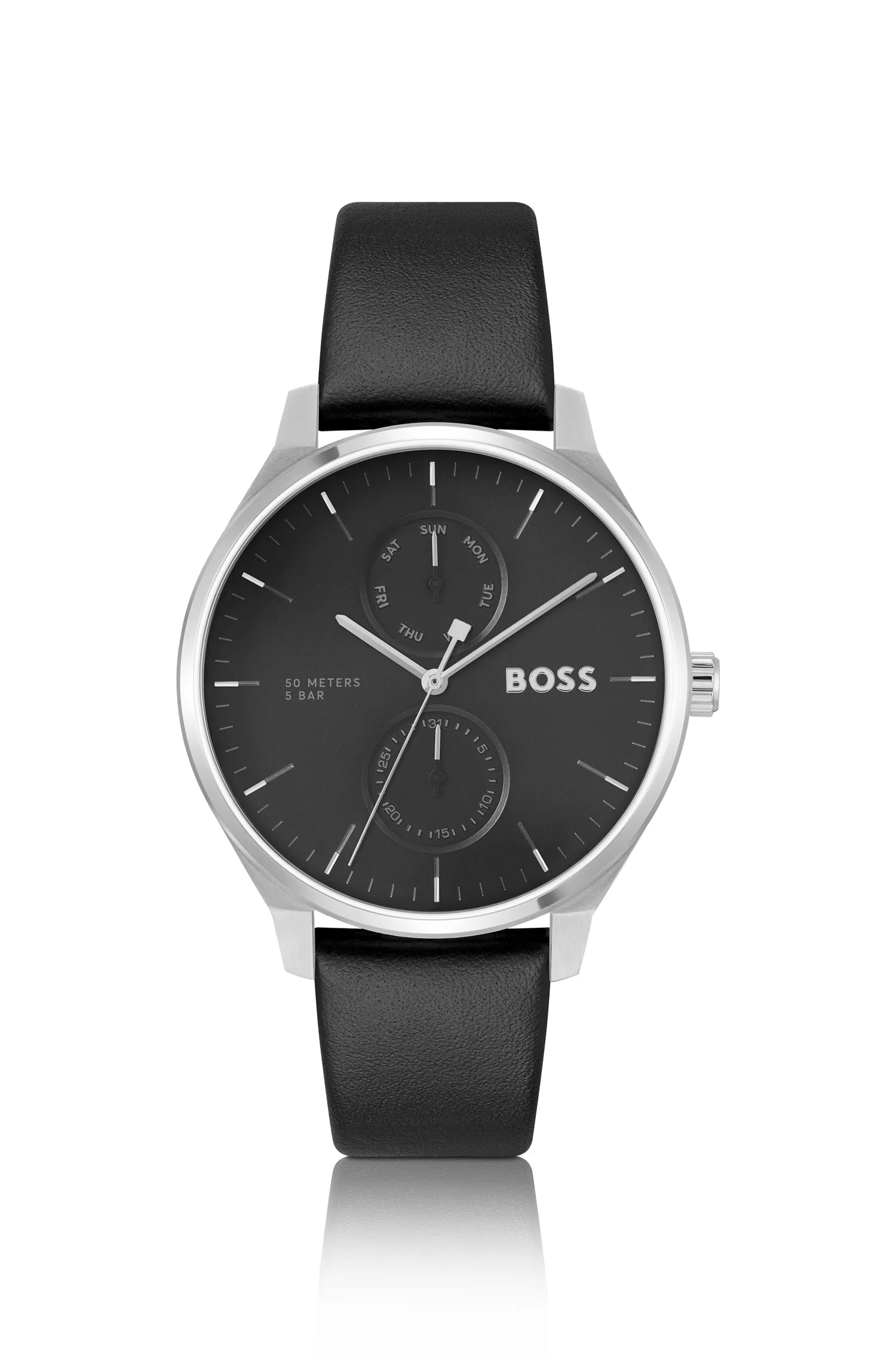 Relógio BOSS com mostrador preto e pulseira de couro.