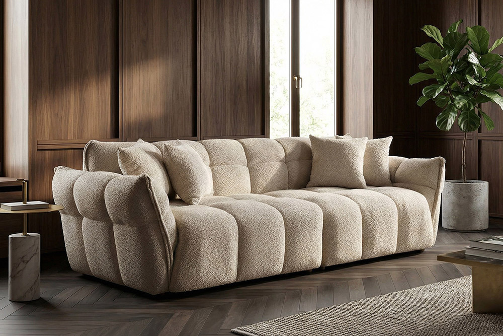 Modernes XXL Sofa CLOUD 260cm champagner greige Bouclé Bigsofa Federkern inkl. Kissen