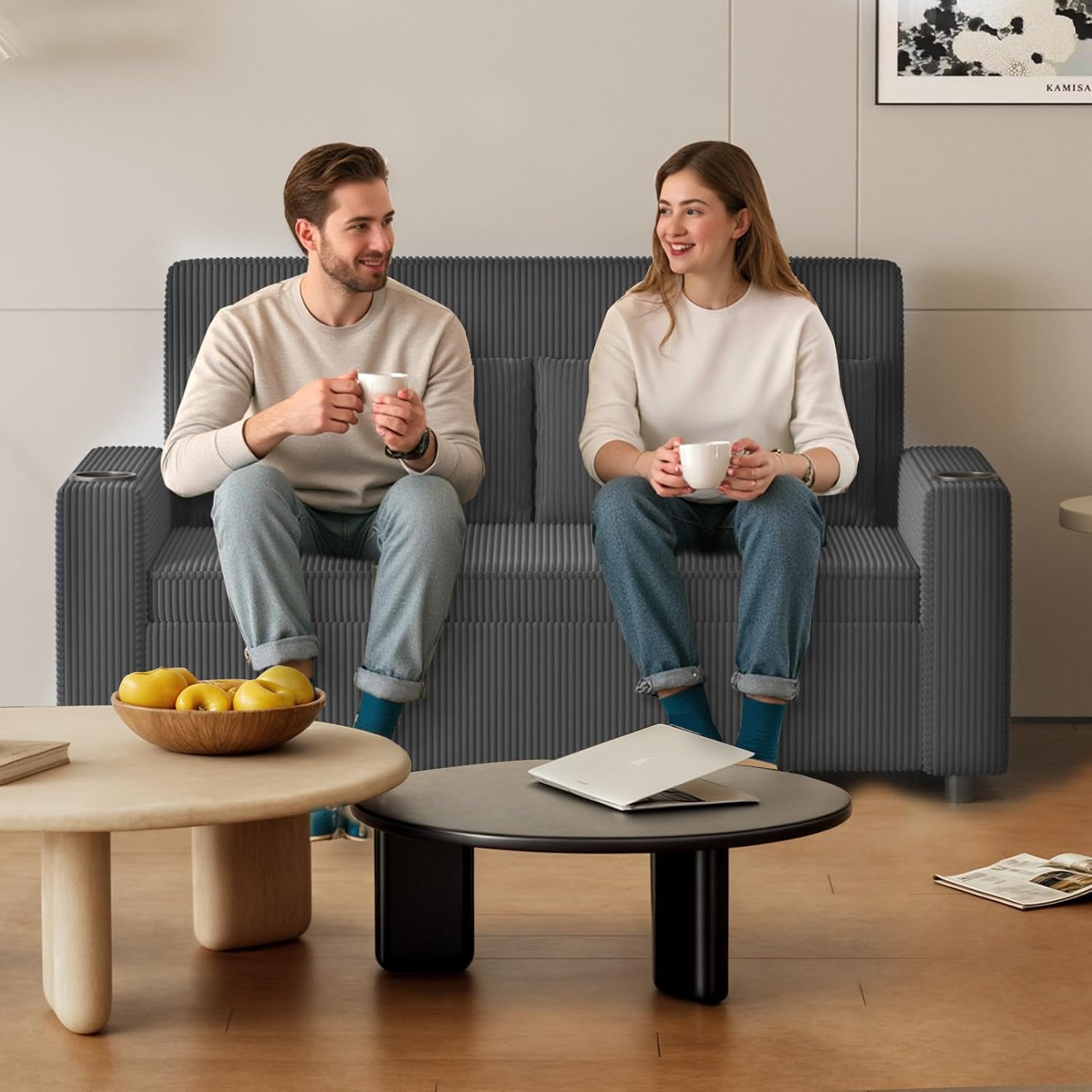 Devoko Sofa mit Schlaffunktion, Schlafcouch Ausziehbar mit Verstellbarer Rückenlehne, Schlafsofa Klein Klappsofa Sofa 2 Sitzer für Wohnzimmer & Schlafzimmer, Grau