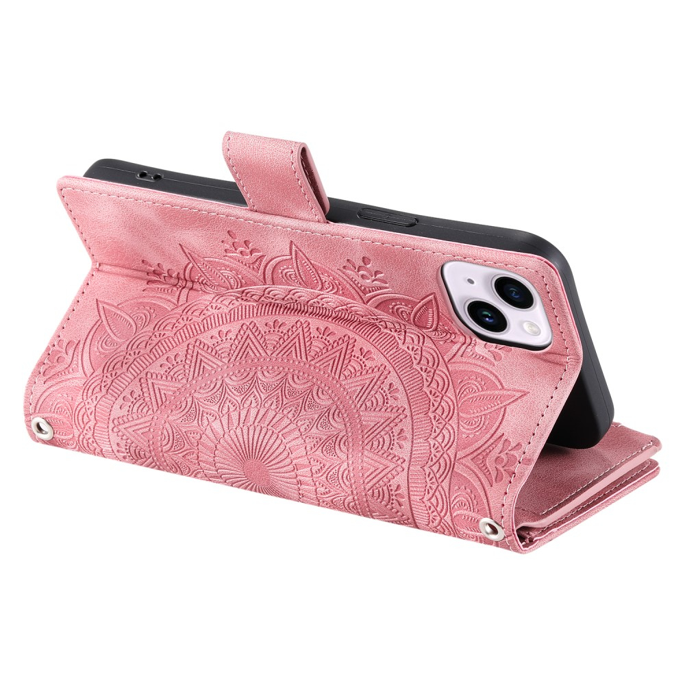 iPhone 15 Leder Tasche Flip Cover mit Reissverschluss - Mandala Flowers Imprint - Rosa