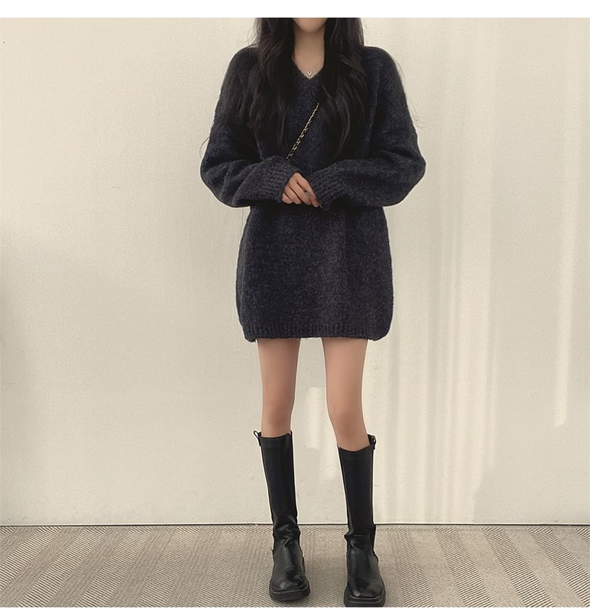 Coris - V-hals Melange Mini Trui Jurk