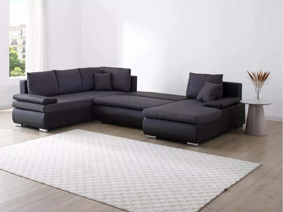 Canapé d'angle droit panoramique convertible en simili et tissu noir et gris anthracite DAKOTA II