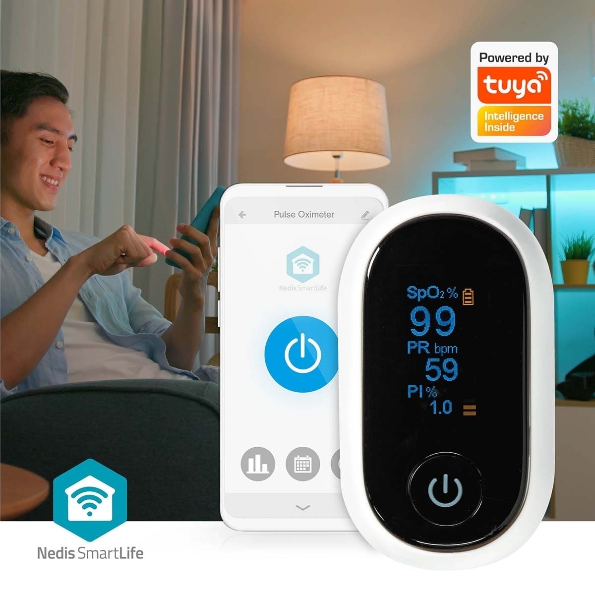 Nedis SmartLife Pulsoksymeter | Bluetooth | OLED-Skjerm | Anti-bevegelse interferens / Auditiv alarm / Oksygenmetning (SpO2) / Perfusjonsindeks / Puls / Sensor med høy presisjon | Hvit