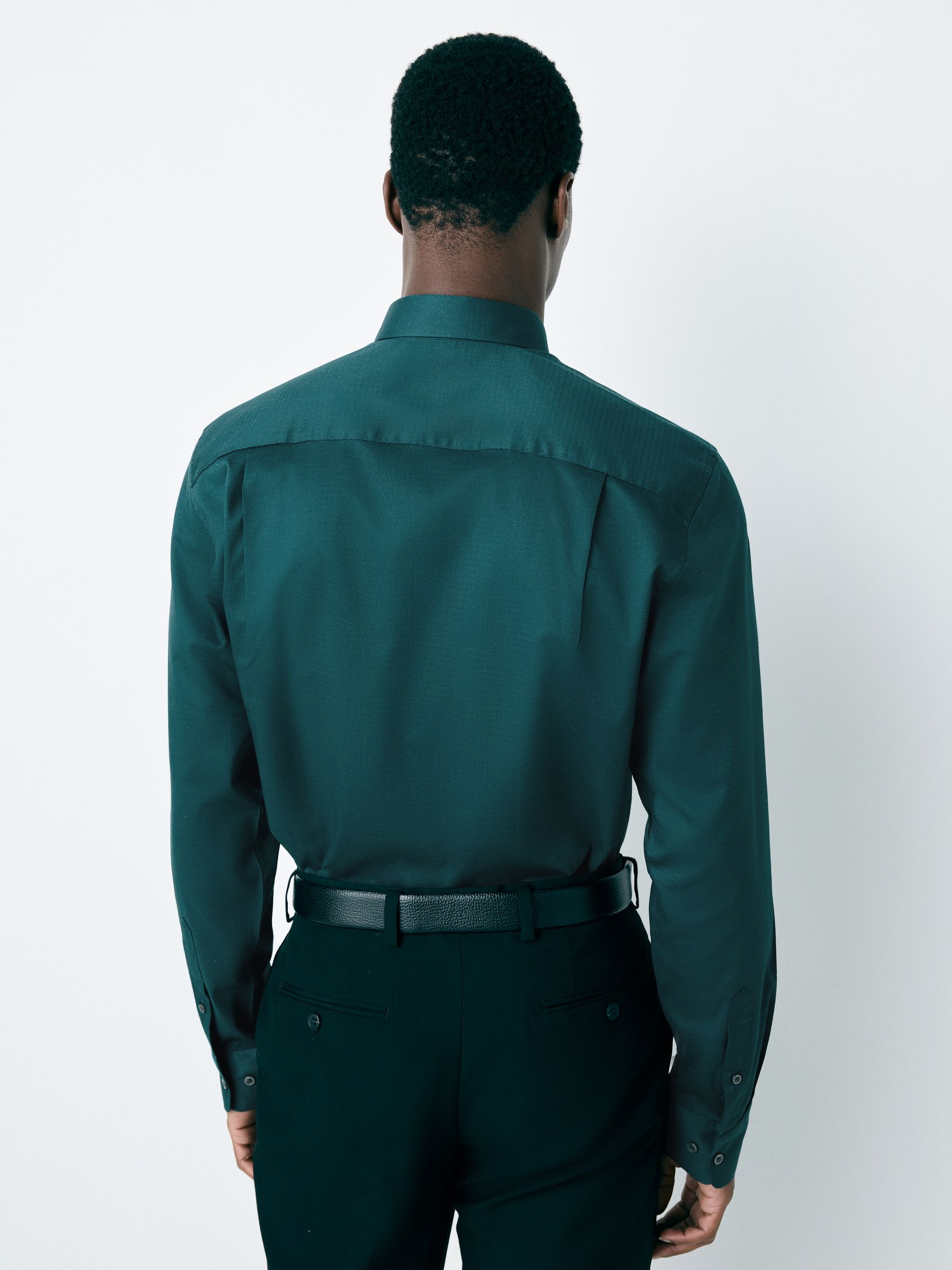 Blauwgroen - Normale Pasvorm - Onderhoudsvriendelijk, getextureerd, slim fit overhemd met enkele manchet