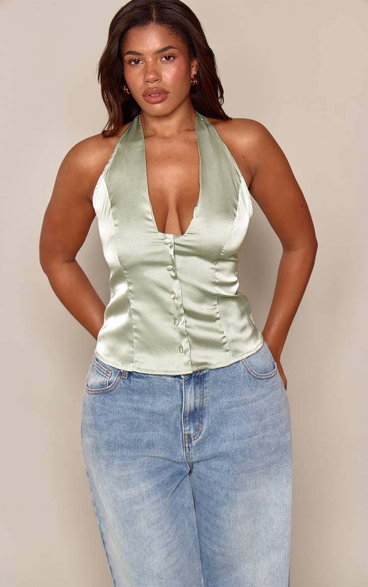 Vert Top Cache-cœur Dos Nu En Satin Sauge Avec Boutons Shape