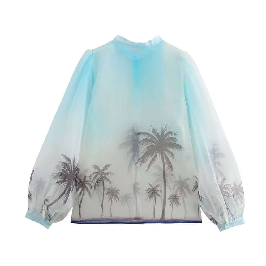 Cumulys - Blouse met ballonmouwen en bandkraag en palmboomprint