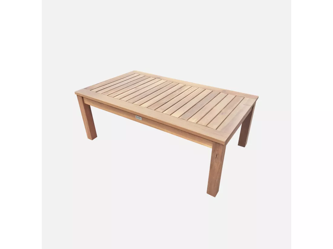 Salon de jardin en bois 4 places - Ushuaïa - Coussins vert de gris. canapé. fauteuils et table basse en acacia. design