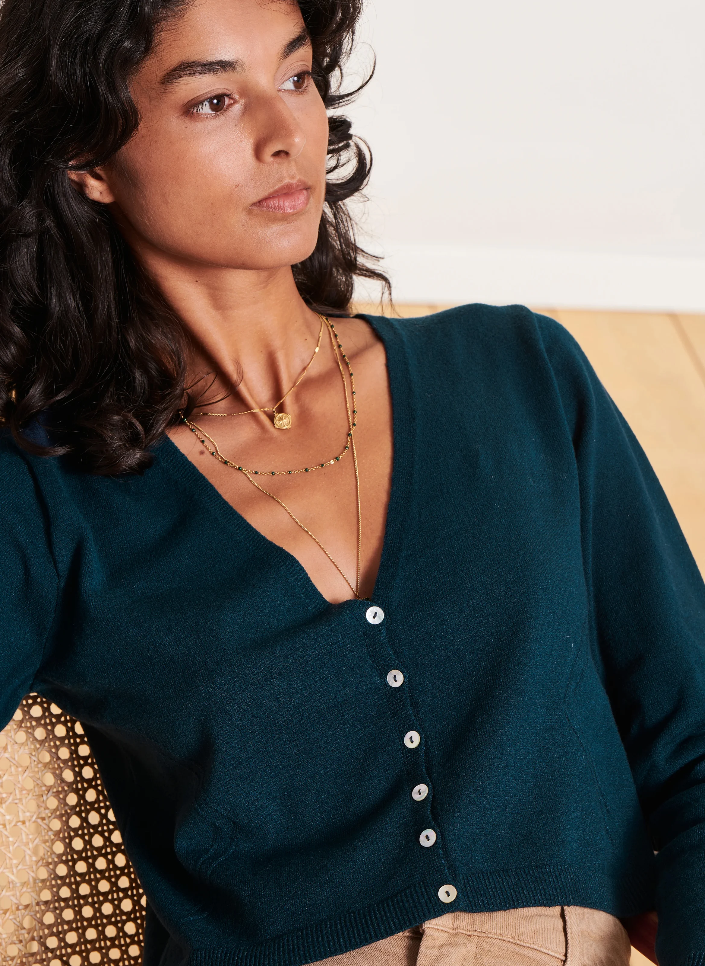 Gilet court col V| Bleu