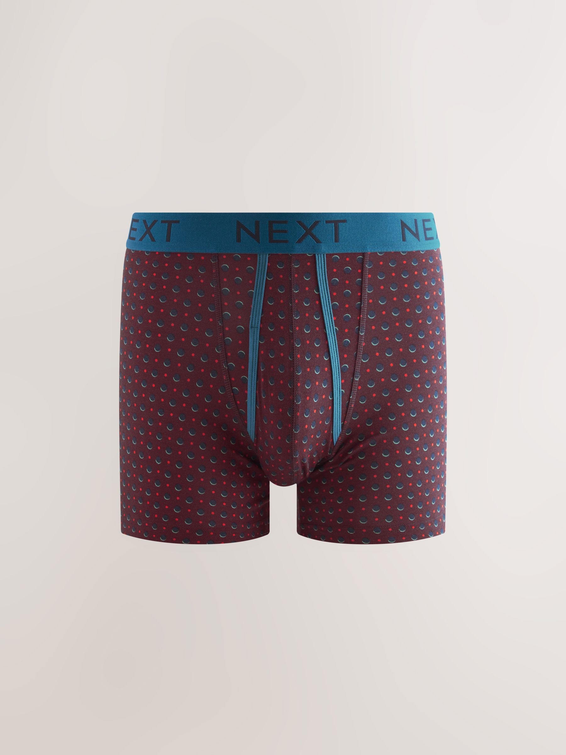 Marineblauw/bordeauxrood met stippen en strepen - Boxershorts met A-voorkant