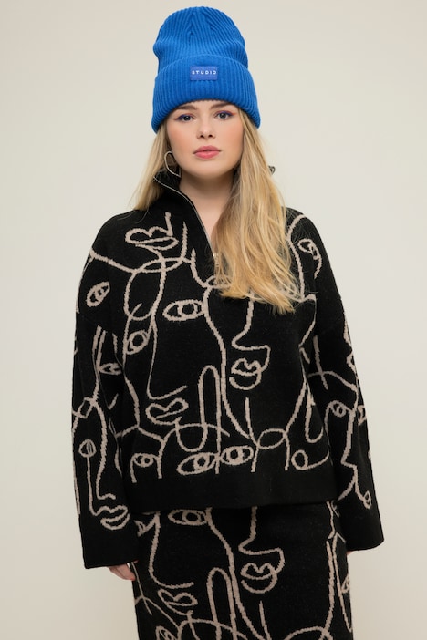 Troyer, oversized, Face-Silhouetten, Stehkragen mit Zipper