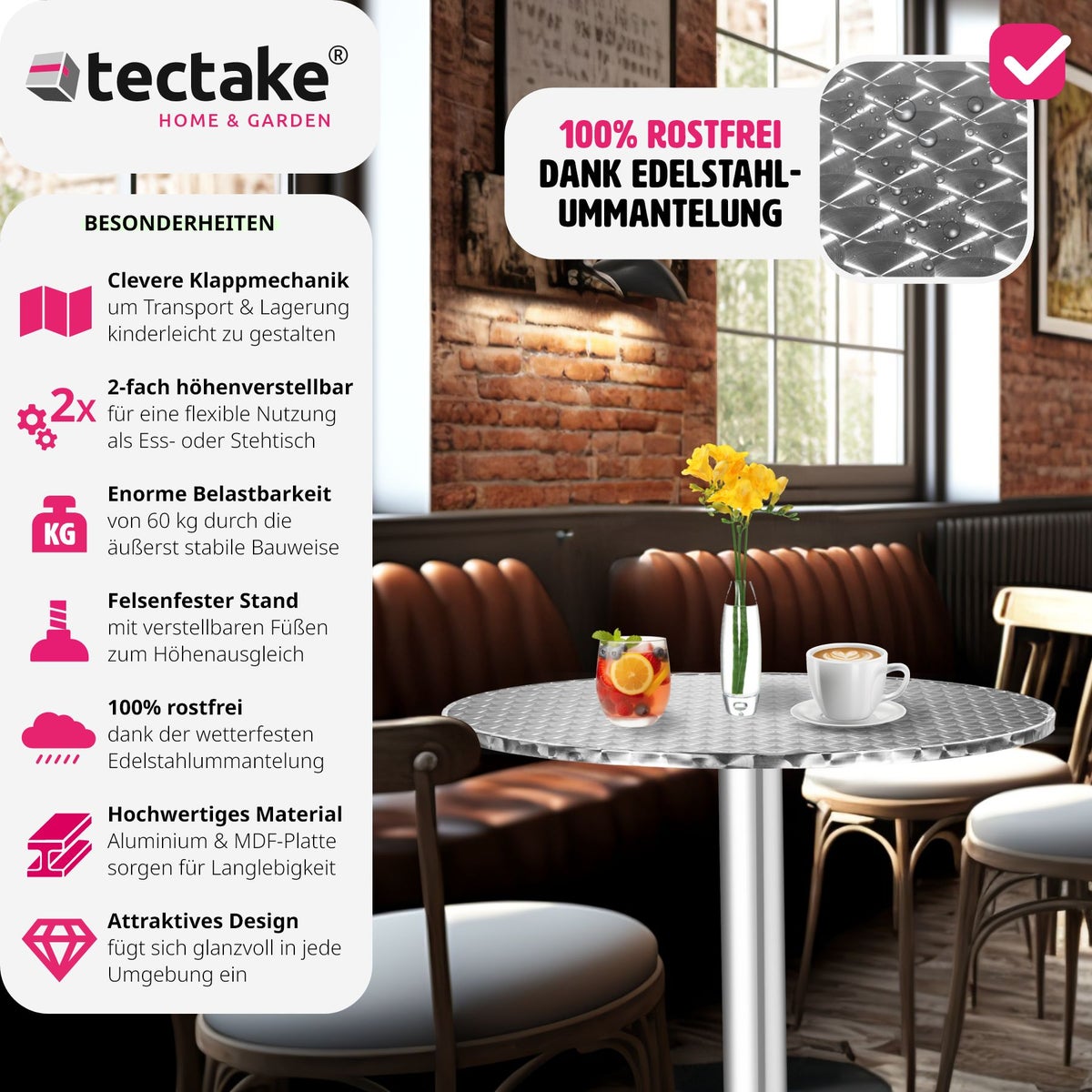 Aluminium bistrotafel Ø60cm, opvouwbaar, in hoogte verstelbaar