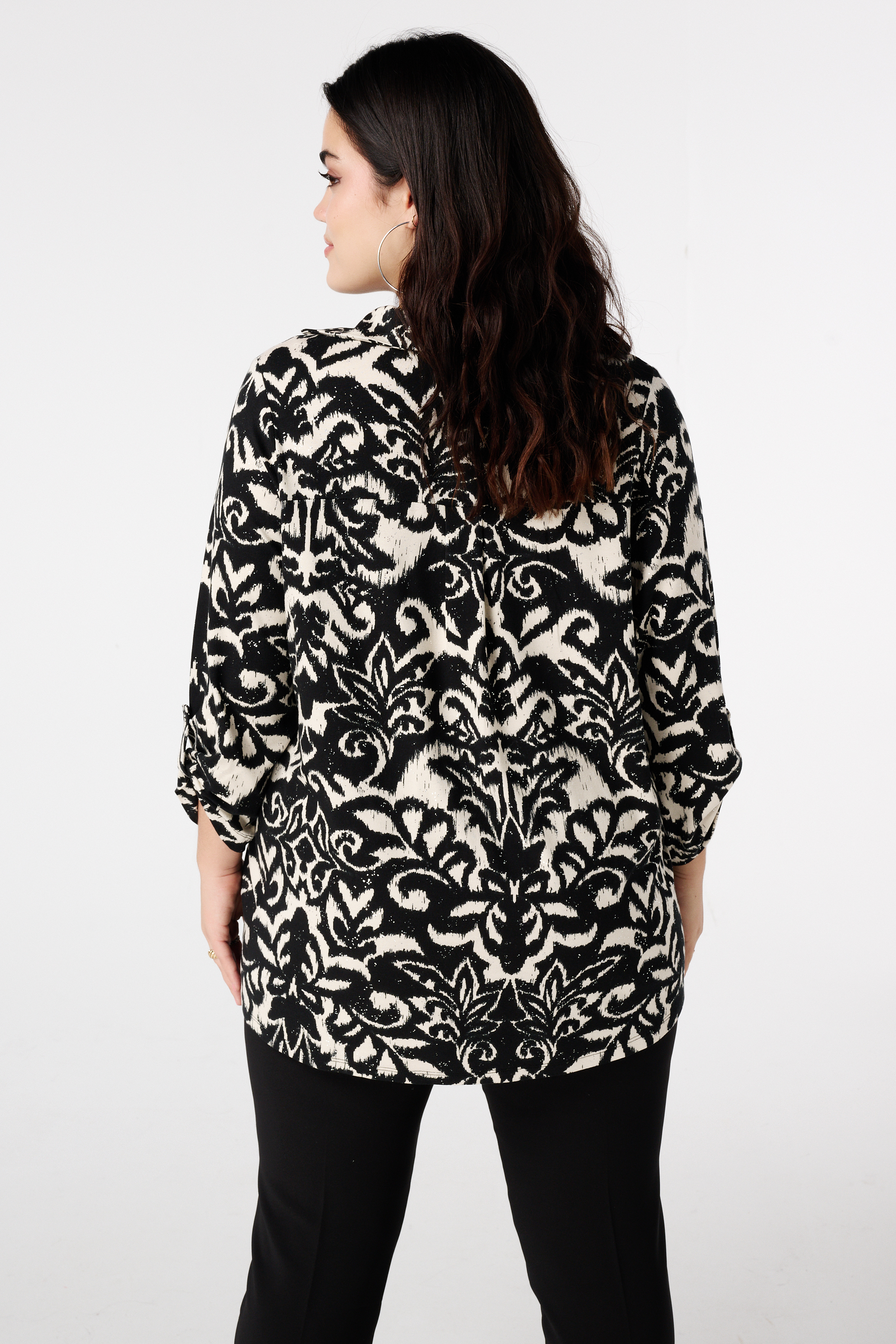 Top met stretch en foil print Multi zwart-wit