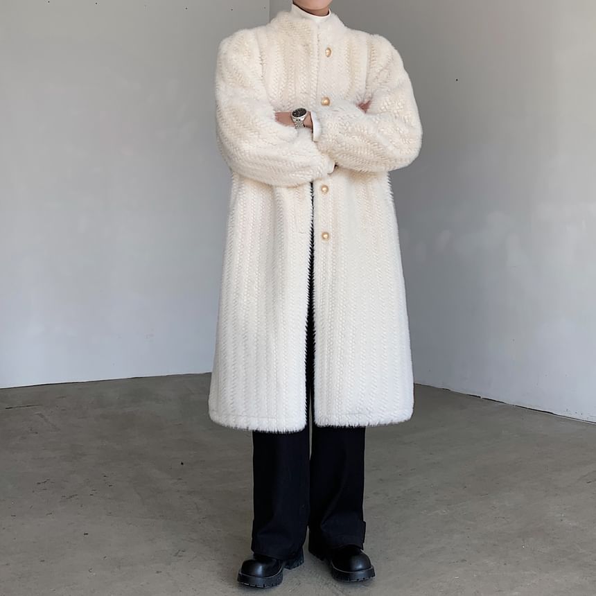 Freehop - Effen fleece midi-jas met opstaande kraag en enkele rij knopen