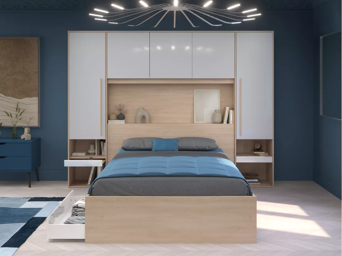 Lit pont 140 x 190 cm avec rangements - avec LEDs - Coloris : Naturel et blanc brillant + Sommier - VELONA
