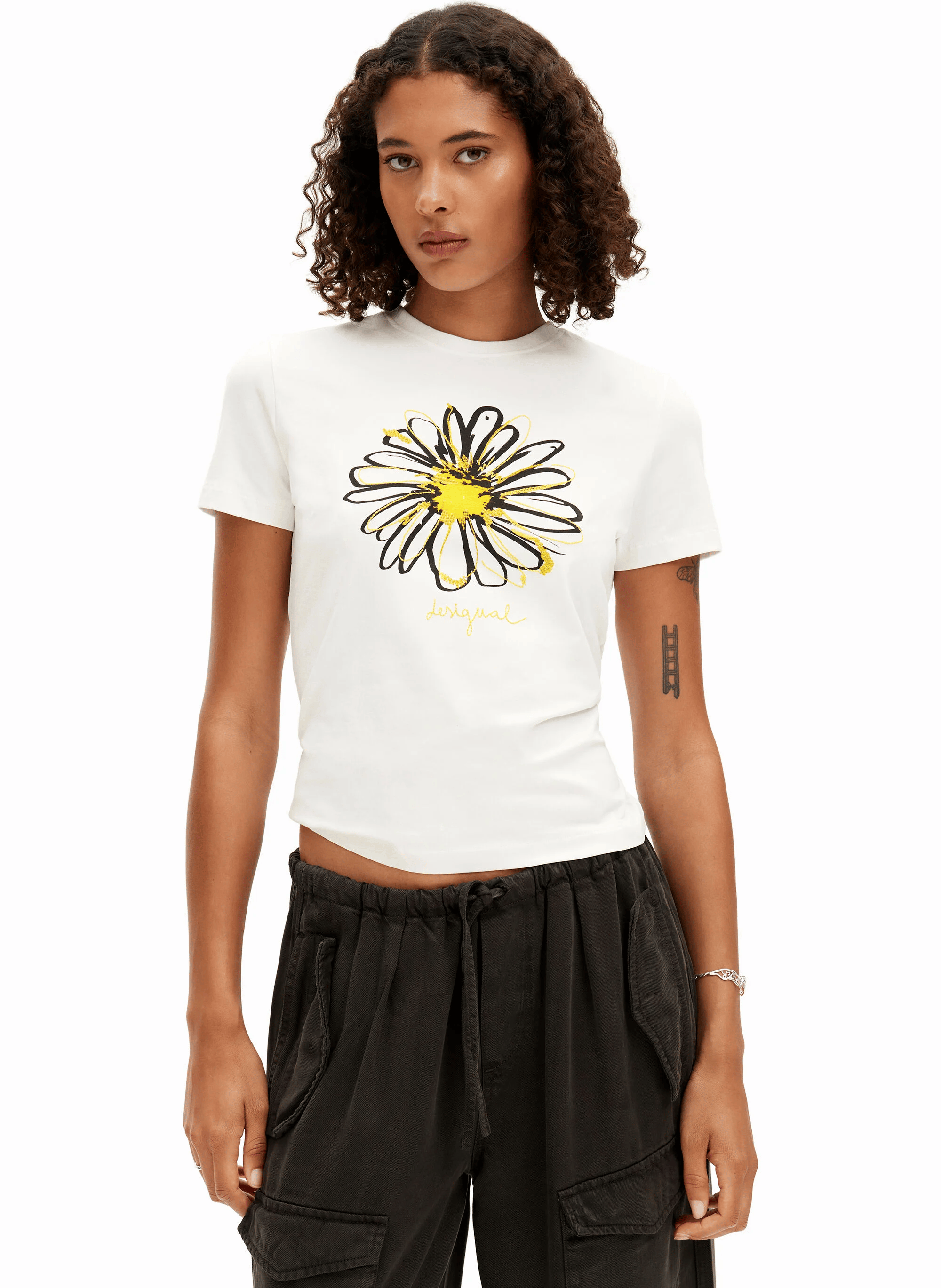 Tee-shirt droit col rond en coton imprimé | Blanc