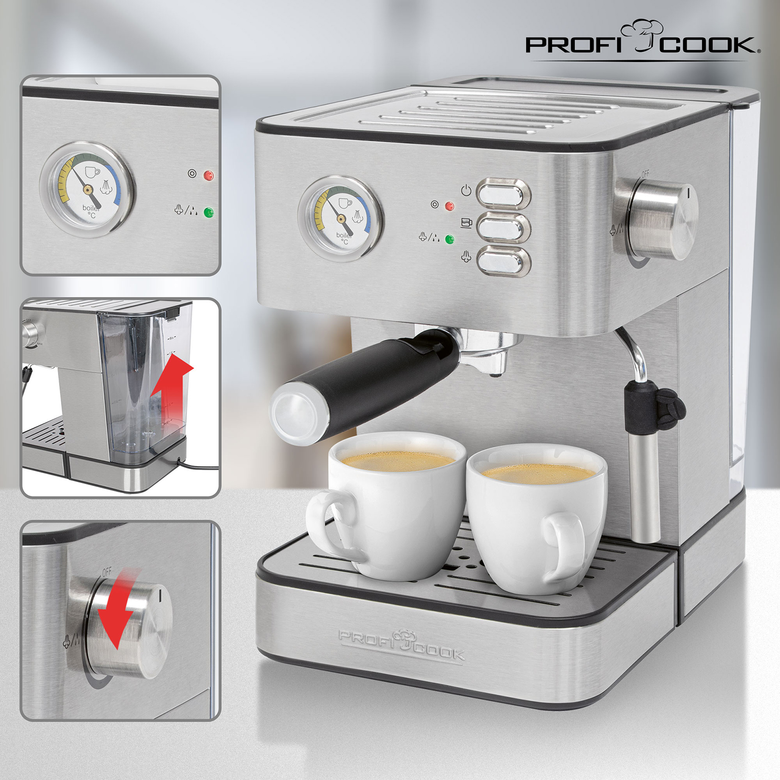 PROFICOOK Espressoautomat - Edelstahl-schwarz - 1,8 Liter