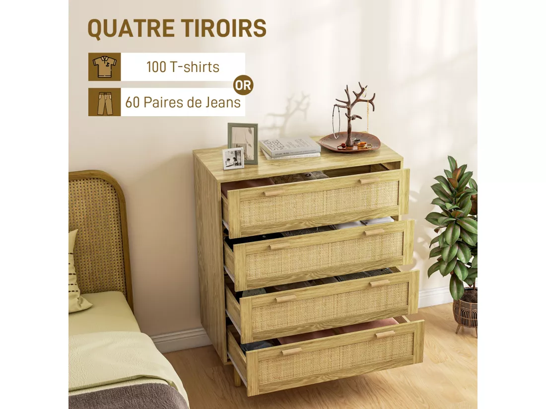 Commode 4 tiroirs style bohème chic - dim. 90L x 45l x 108,5H cm - façades tiroirs cannage rotin aspect chêne clair