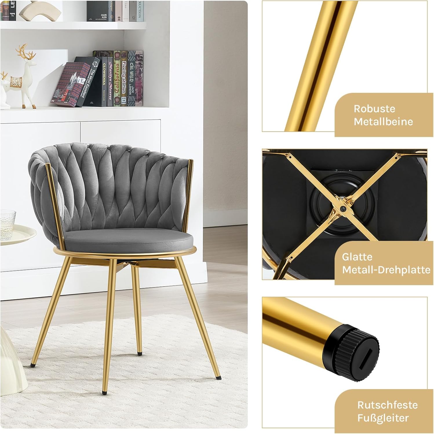 WOLTU Esszimmerstühle 4er Set, Küchenstuhl, Wohnzimmerstuhl, mit Metallrahmen, ergonomisch, 360° drehbar, für Küche Wohnzimmer Balkon, Samtsitz, Dunkelgrau, EZS84dgr-4