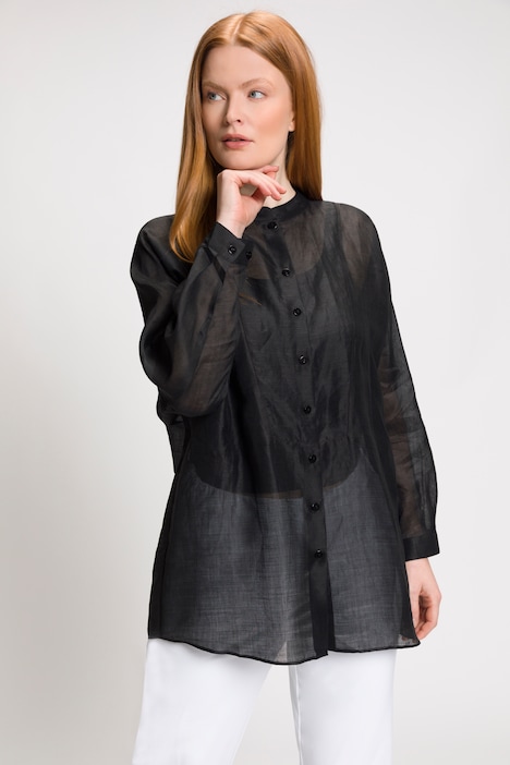 Rami-Bluse, Leinenoptik, Stehkragen, Plastron, Langarm