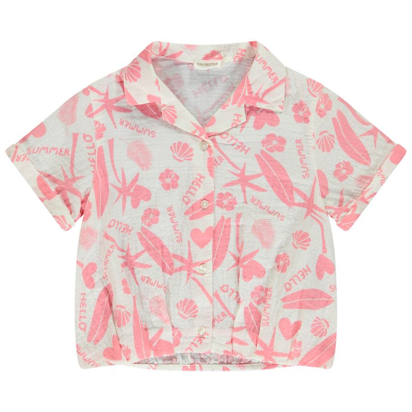 Chemise manches courtes en tetra imprimé exotique pour fille - Ecru