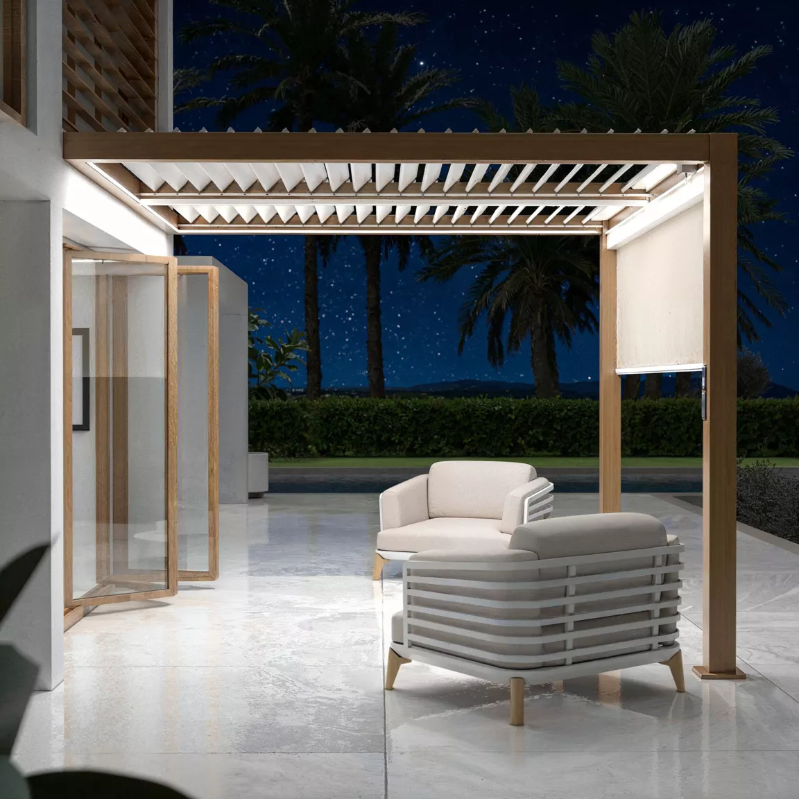 Pergola bioclimatique Adossée motorisée aluminium et LED (3 x 3 m) Bois