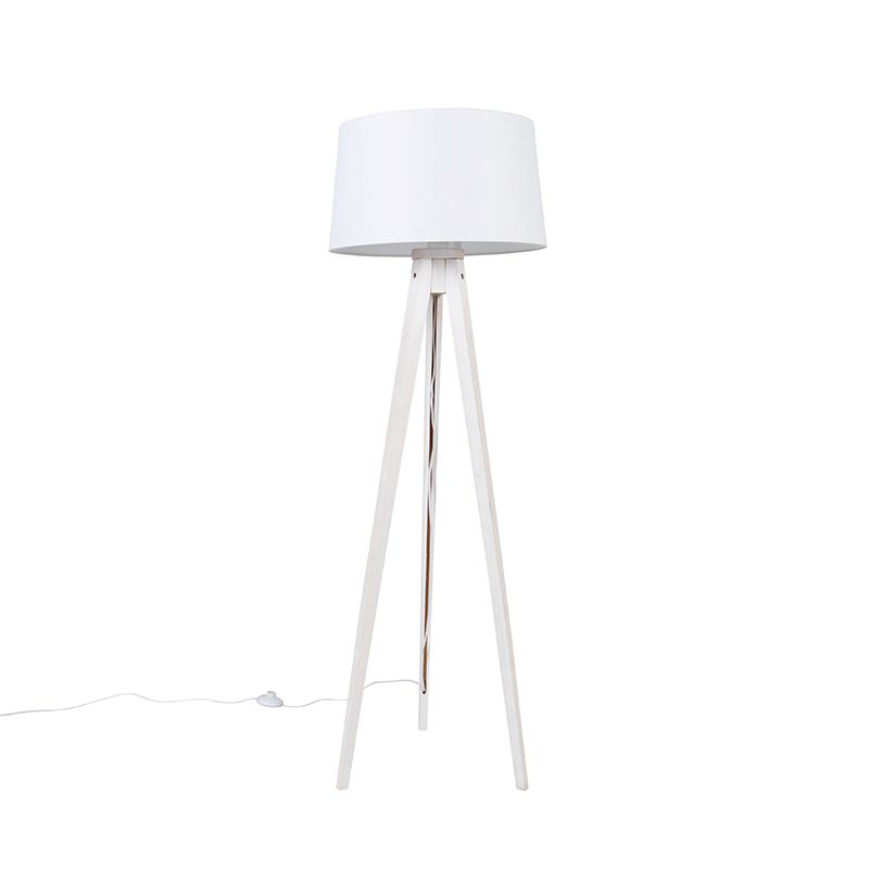 Moderne vloerlamp tripod wit met linnen kap wit 45 cm - Tripod Classic