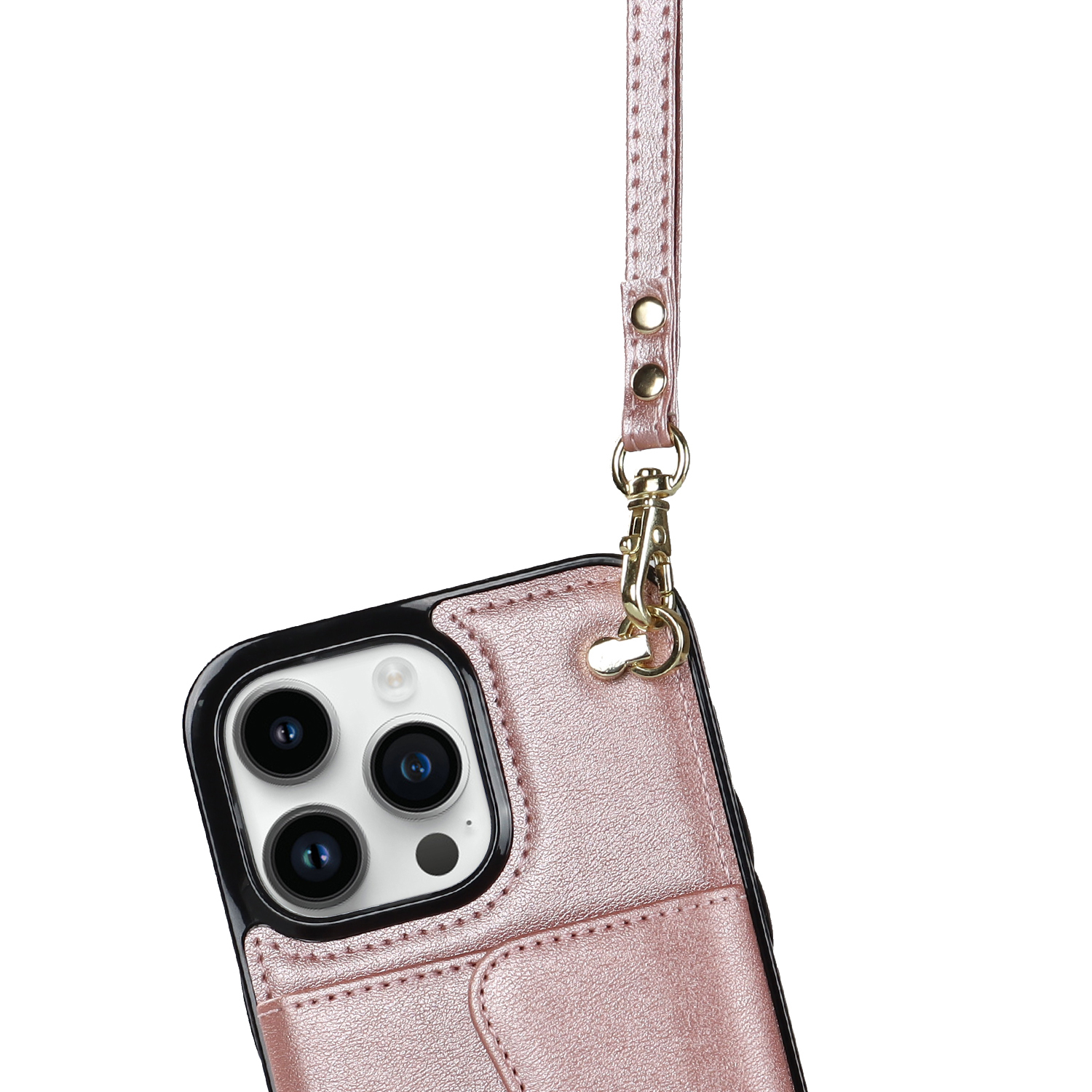 iPhone 14 Pro Necklace Leder Schutz Hülle mit Kartenfach   Handykette (140cm) - Roségold
