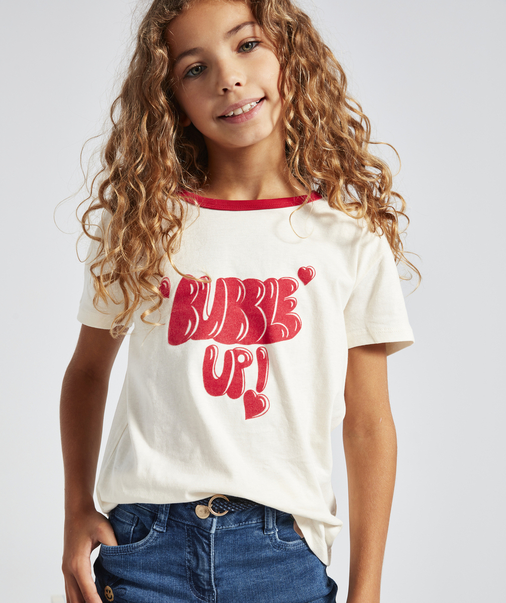 T-SHIRT FILLE COTON BIO ECRU AVEC MESSAGE BUBBLE EN RELIEF