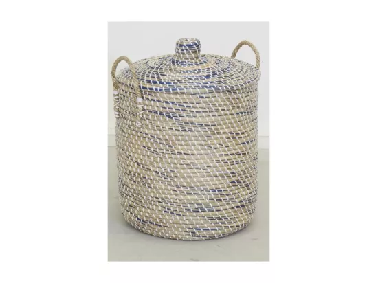 Coffres à linge en jonc naturel et teinté bleu (Série de 3)