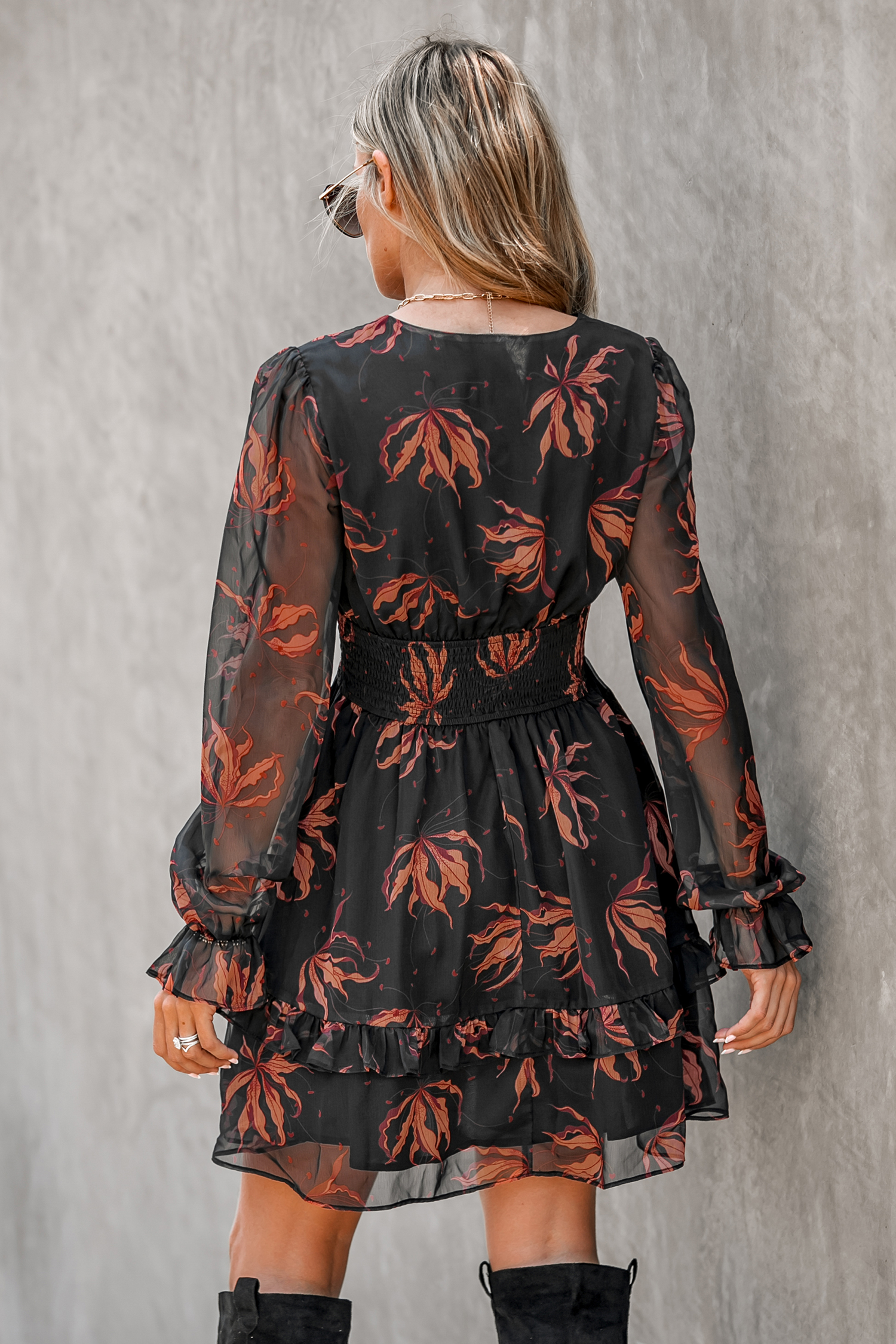 Robe mini en mousseline à nœud sur le devant et imprimé feuilles