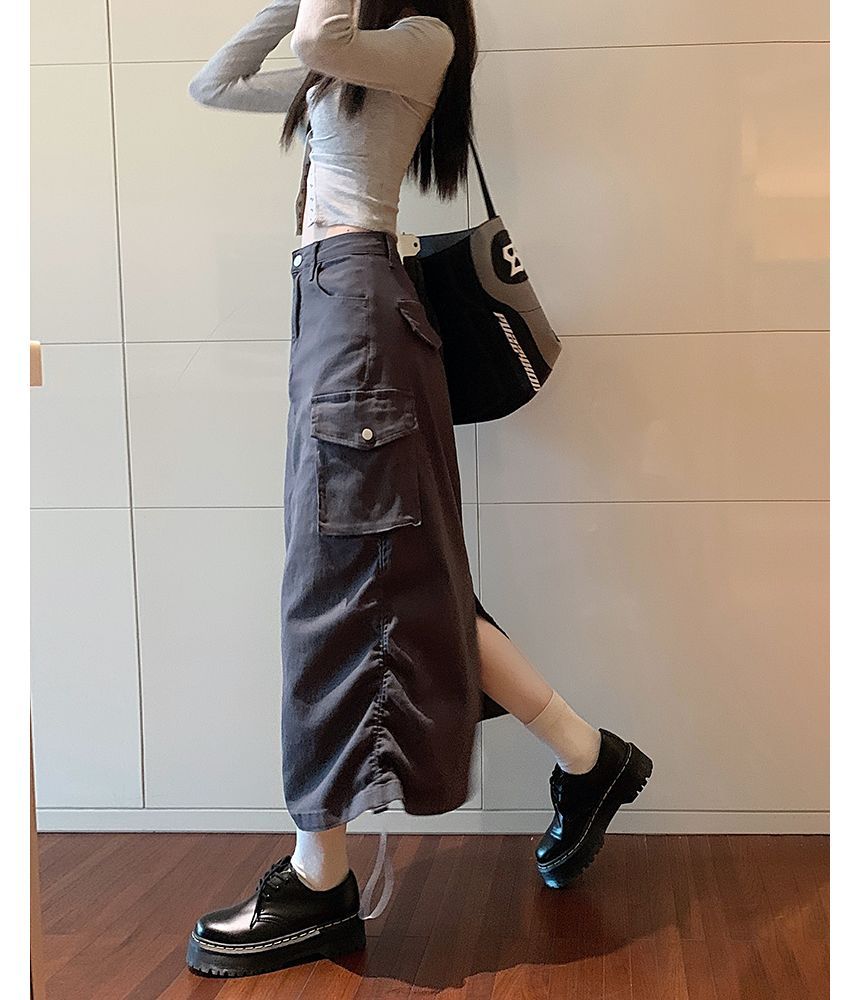 monroll - Mid-waist A-lijn cargorok met effen shirred midi-lijn