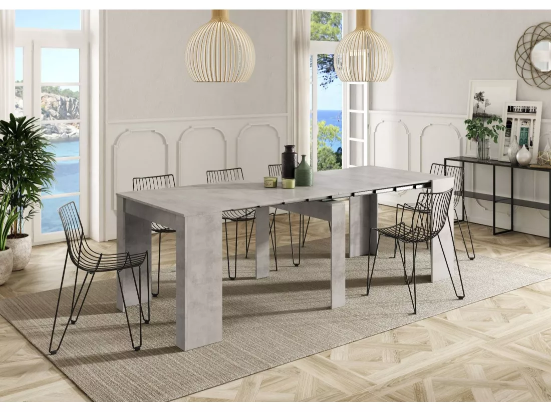 Console Diluna, Table à manger extensible, Table avec rallonges polyvalentes extensible jusqu'à 10 places, 51/237x90h78 cm, Ciment