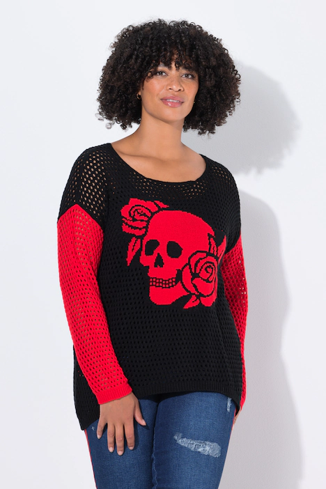 Pullover, Relaxed Fit, Lochstrick, Totenkopf, schwarz
