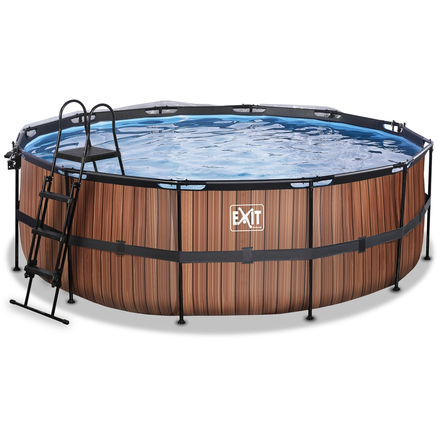 EXIT Frame Pool ø427x122cm (12v Sandfilter) – Holz Optik + Sonnendach + Wärmepumpe