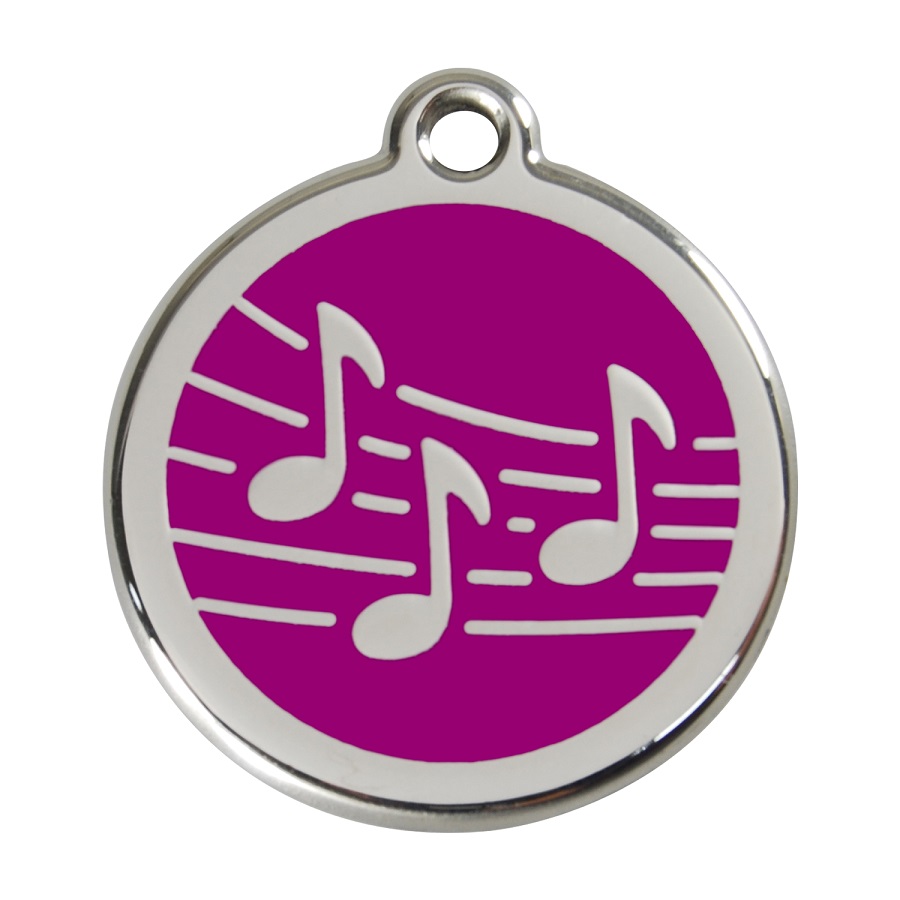 Placa de identificação para cães em aço inoxidável esmaltado roxo com desenho musical.