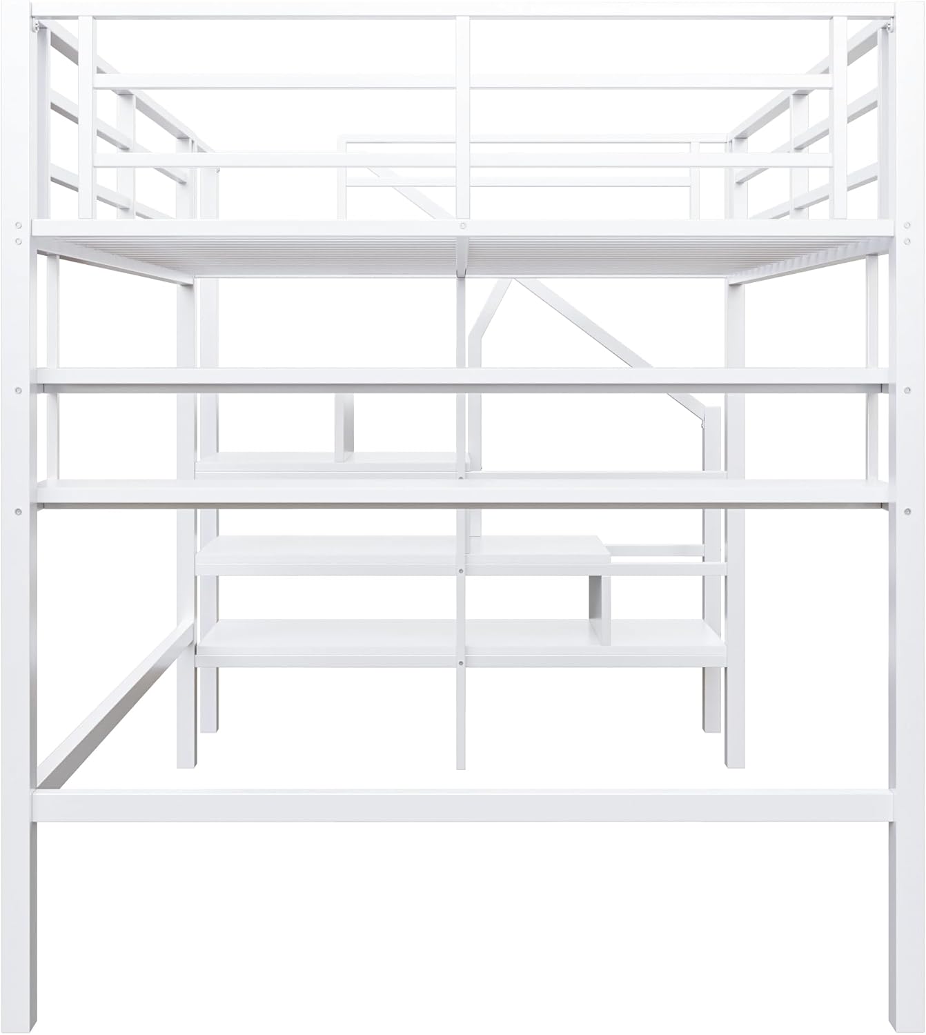 Metall Hochbett 140 * 200cm, Freiraum unter dem Bett, Etagenbett Hoch mit Regale, Ablagetreppe, Erwachsene&Jugendzimmer, ohne Matratze (Weiß, B)