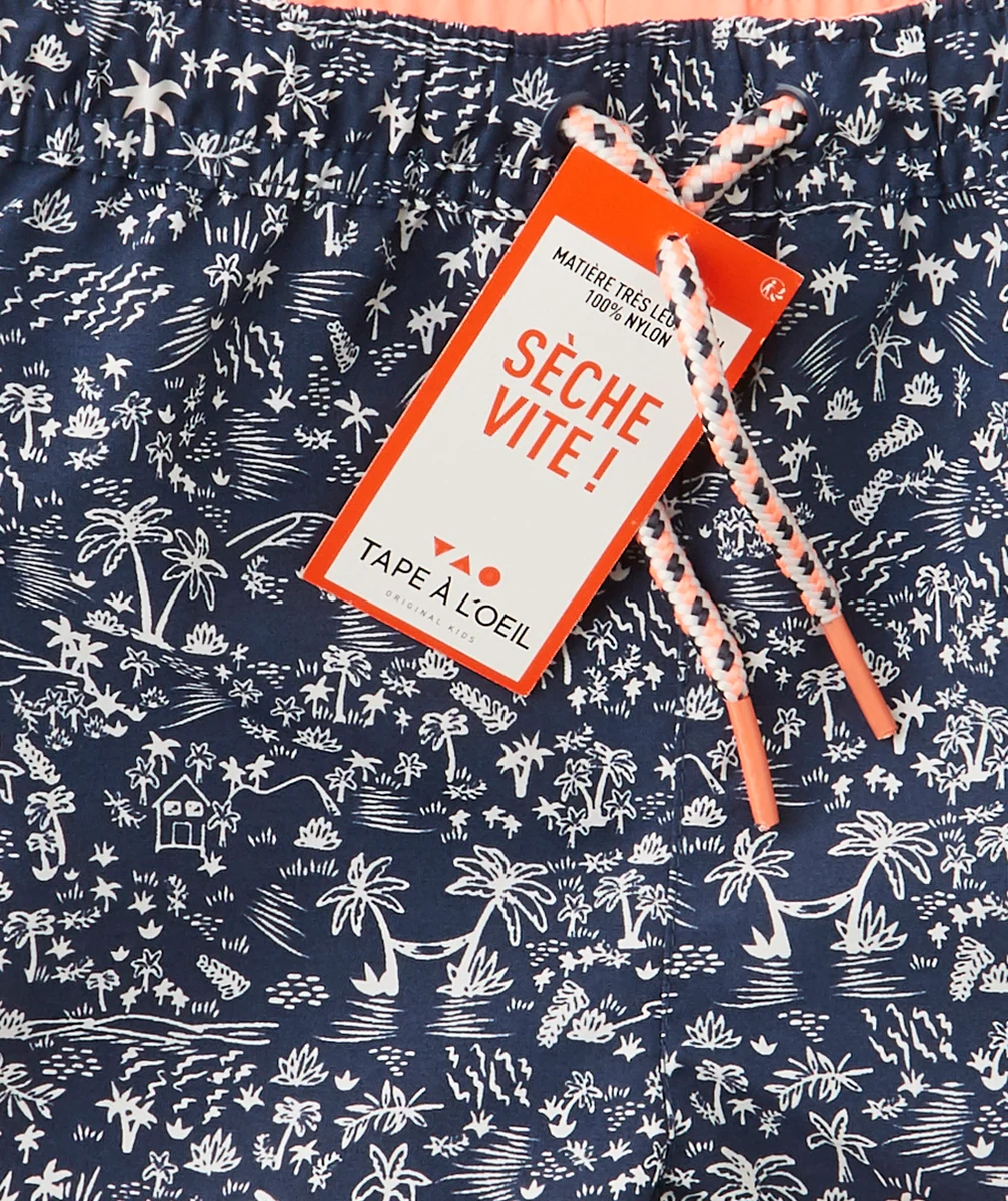 LE SHORT DE BAIN BLEU IMPRIMÉ PALMIERS AVEC DETAILS ORANGE