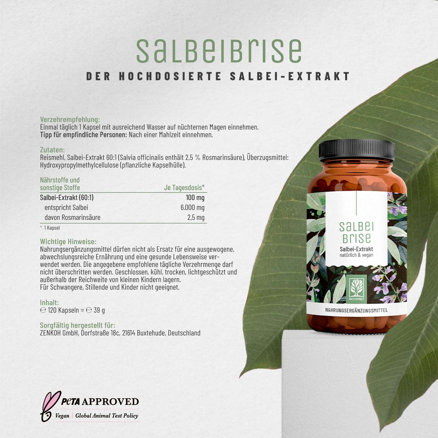 Salbei Komplex hochdosiert - 6000mg Salbei Extrakt pro Kapsel - Salbeibrise - NATURTREU®
