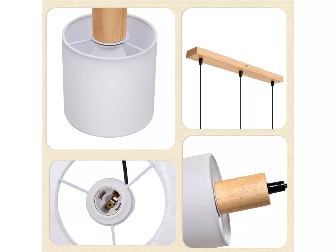 NETTLIFE Suspension bois blanc Diam.47 cm E14 vintage rustique abat-jour en tissu suspendu pour restaurant cuisine salon bureau