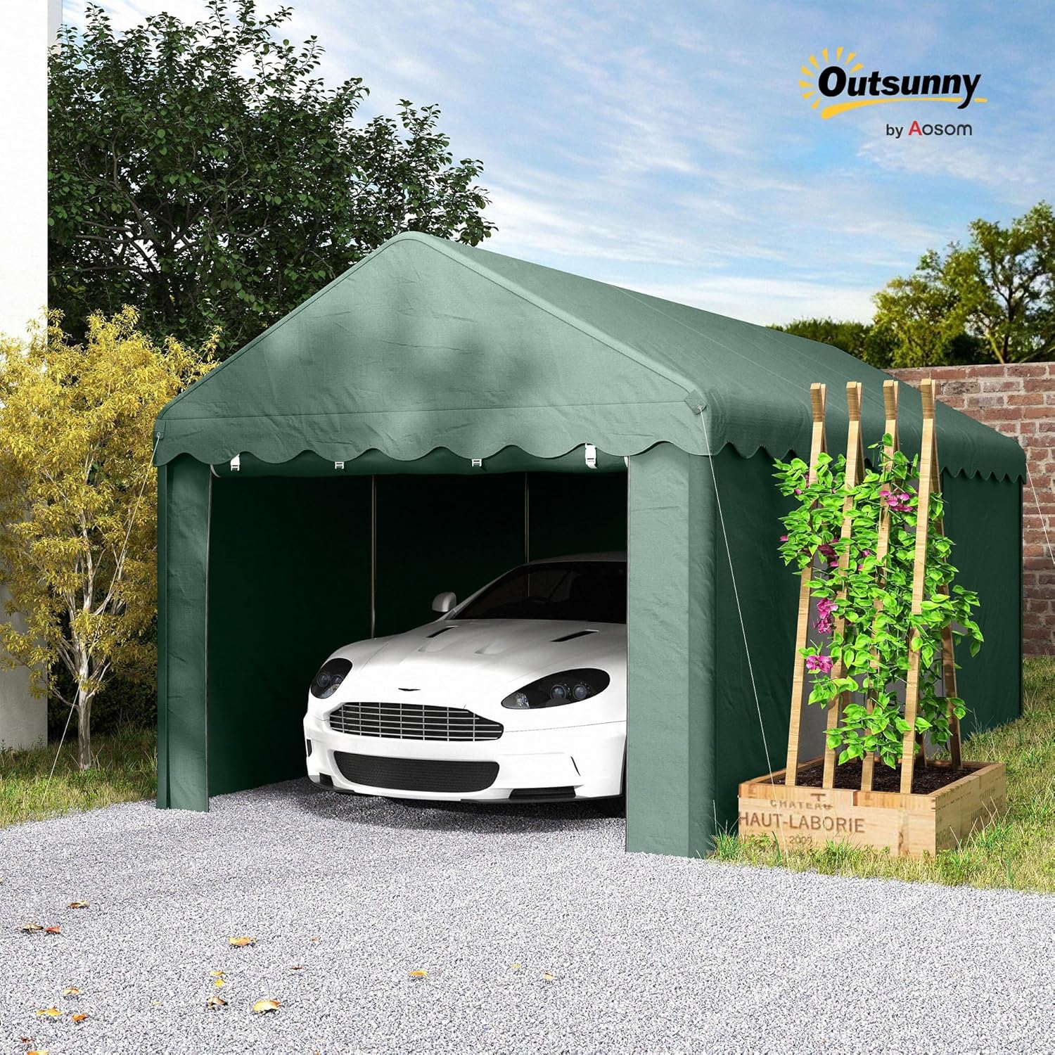 Outsunny Carport 3x6 m wasserdicht Garagenzelt mit Rolltüren, abnehmbaren Seitenwänden, UV-beständig Lagerzelt mit Dach, Zeltgarage Garagenüberdachung Unterstand Weidezelt für Auto, LKW, SUV, Grün