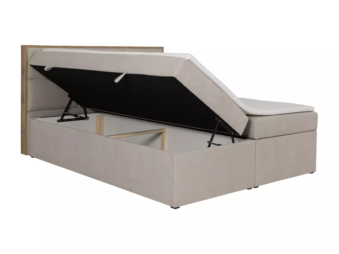 Ensemble complet literie déco tête de lit encadré bois + sommiers coffre + matelas + surmatelas - 160 x 200 cm - Tissu - Beige - SIAKI de YSMÉE