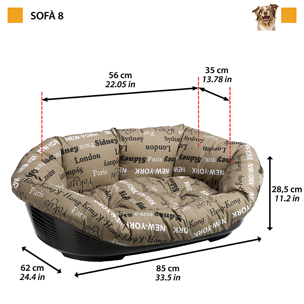 Ferplast panier chien avec coussin sofa' 8 en coton lavable, lit pour chien en plastique rembourré, corbeille en plastique et