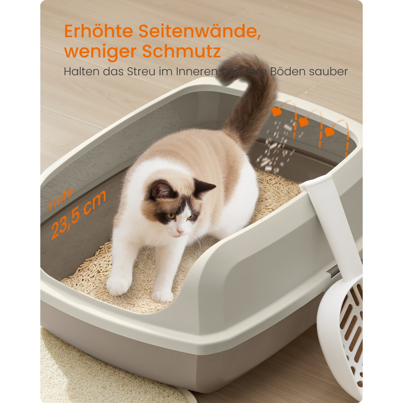FEANDREA Katzenklo mit hohen Seitenwänden, offene Katzentoilette, mit Schaufel