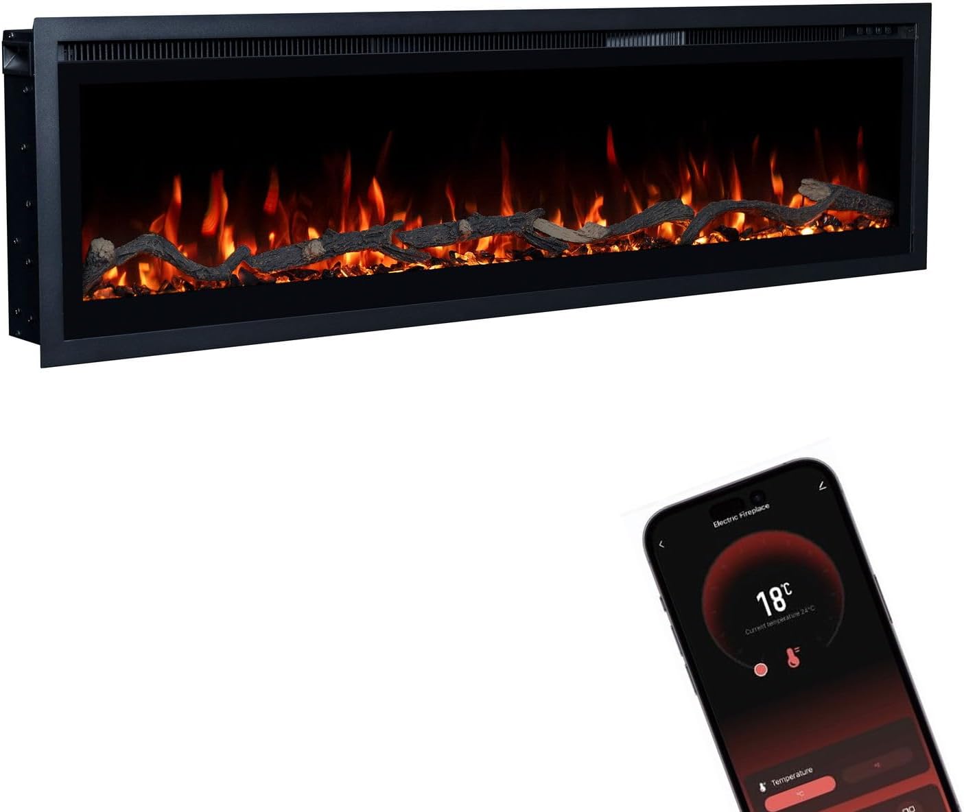 GLOW FIRE Elektrokamin Core 127 mit realistischem 3D LED-Feuer - Wand-Elektrokamin mit Heizung und Kaminfeuer, App Steuerung, Knistereffekt & Timer, max. 1800 W, 127x35x12cm