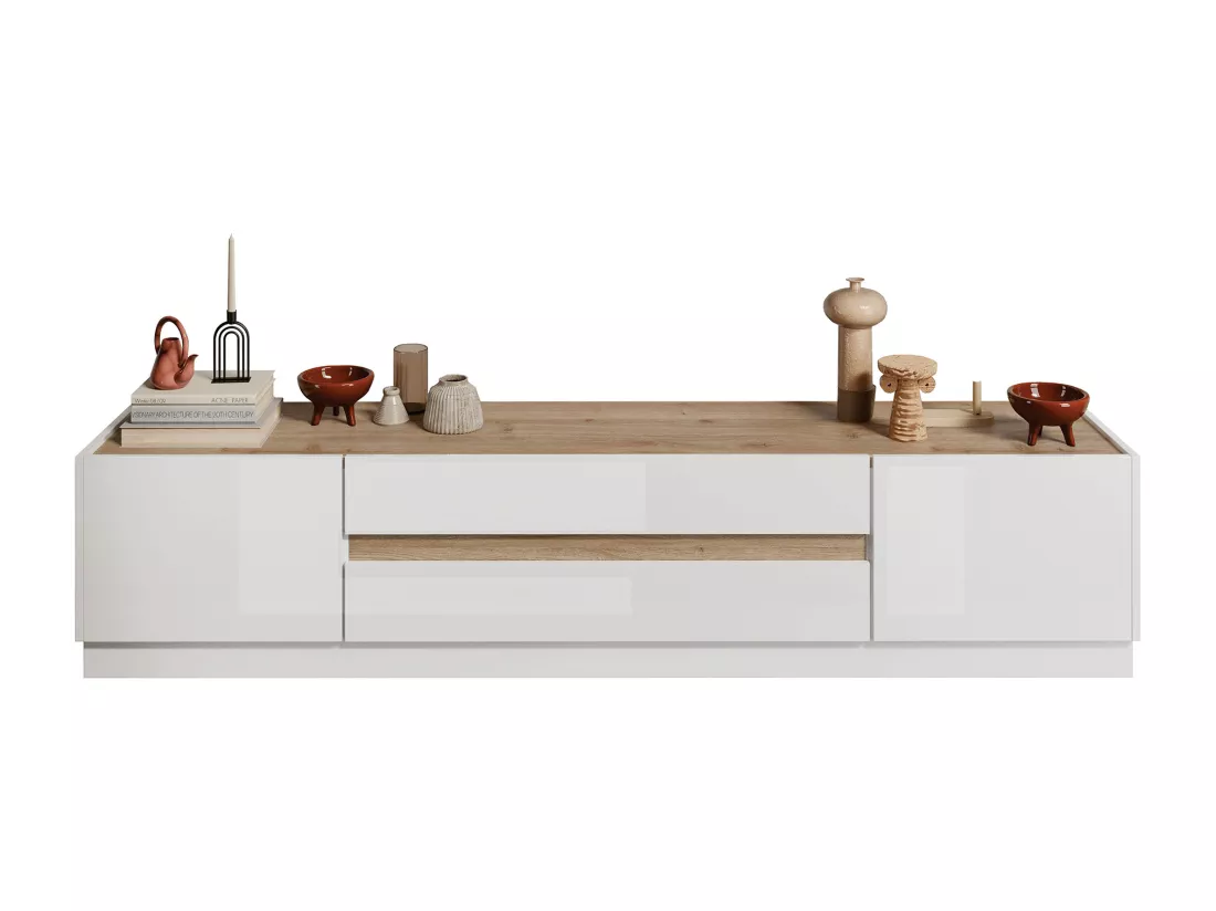 Meuble TV avec 2 portes et 2 tiroirs - Blanc laqué et Naturel - EMORA
