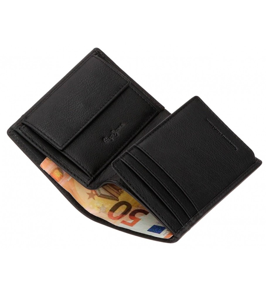 Carteira Pepe Jeans Vertical Staple em couro com porta-moedas, preta.