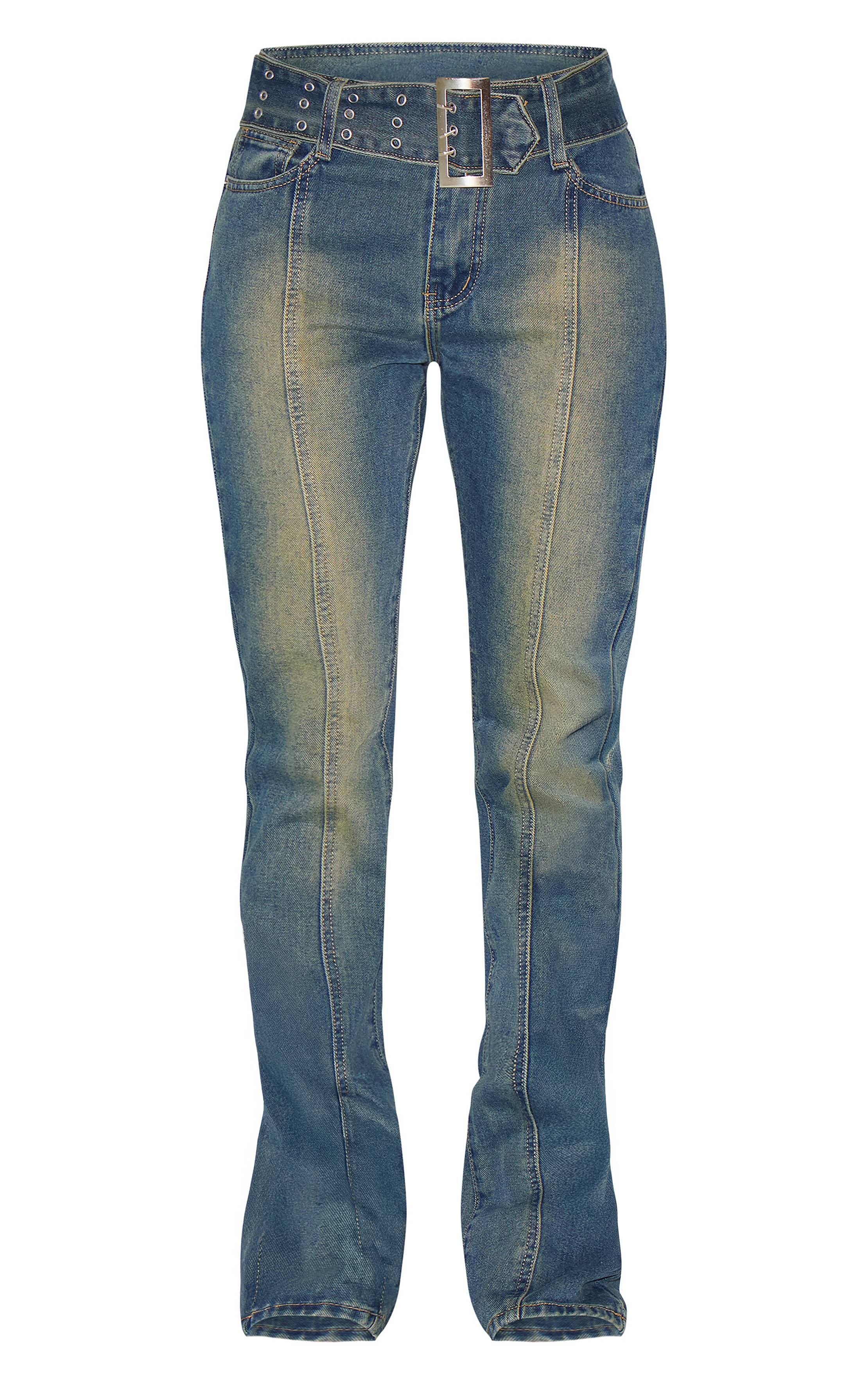 Indigo Vintage Wash Jean Évasé À Couture Frontale Avec Ceinture