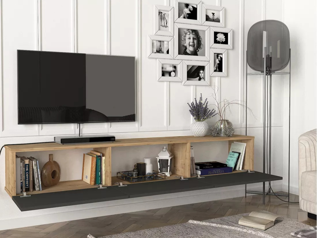 Meuble TV suspendu avec 3 portes - Anthracite et Naturel clair - VIKILA