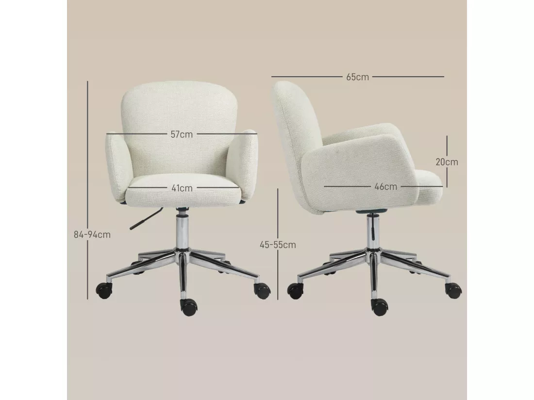 Chaise de bureau design ergonomique réglable pivotante piètement chromé aspect lin écru