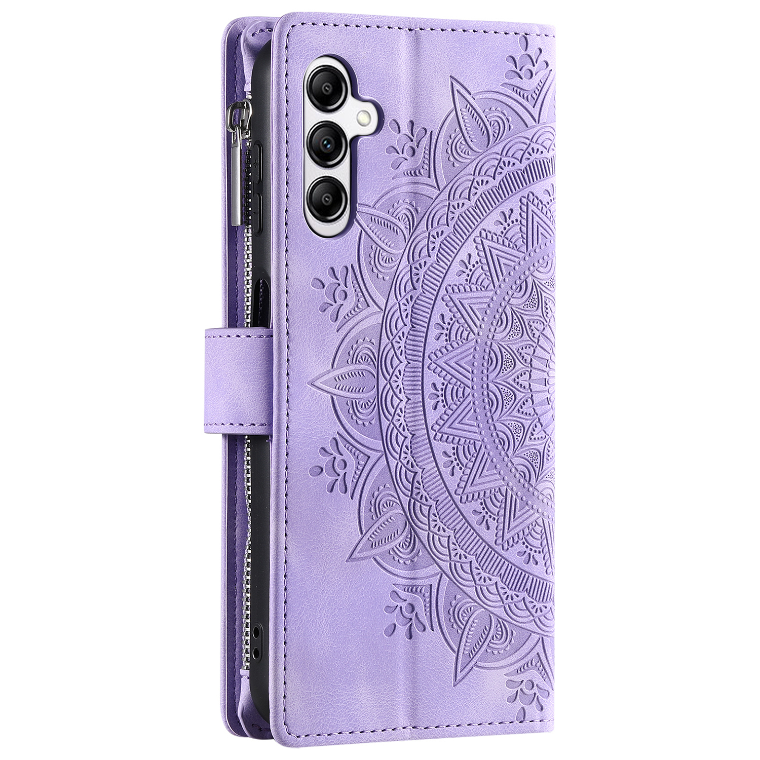 Samsung Galaxy S24 FE Leder Tasche Flip Cover mit Reissverschluss - Mandala Flowers Imprint - Lila
